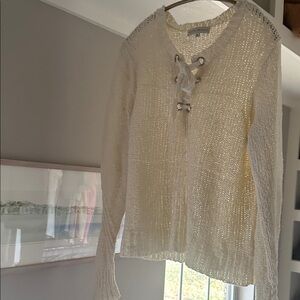 White + Warren Cream Lace-Up Sweater
